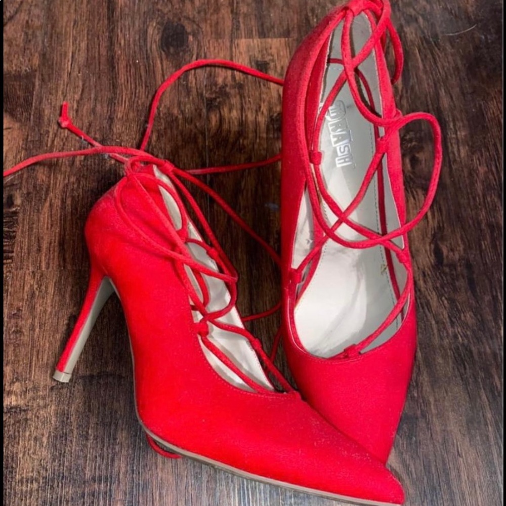Red Lace-Up Pump Heels